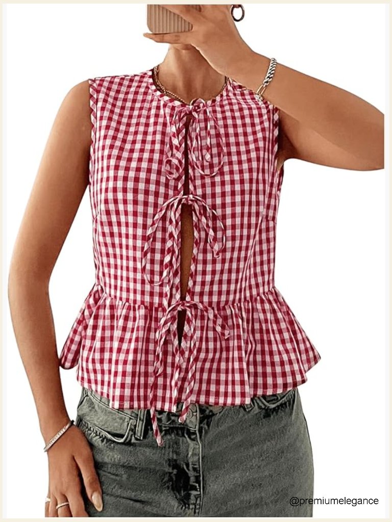 Gingham Sleeveless Blouse Tie Front Ruffle Peplum Tank Top Summer Outfit